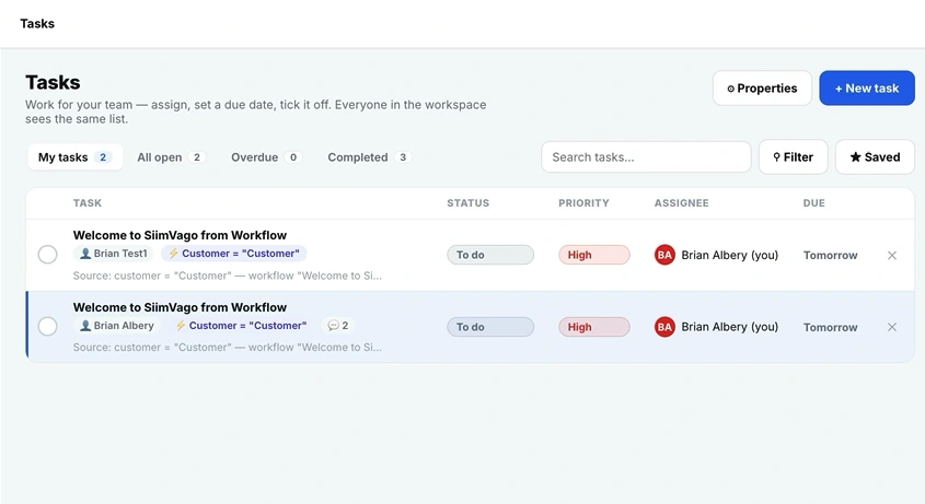 Maurie AI task list showing assigned tasks, status, priority, and due dates